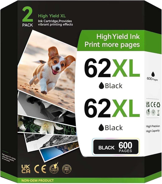 62XL Black Ink Cartridges Compatible for HP 62 Black Ink Cartridges for Envy 7640 7645 5660 5643 OfficeJet 5740 8040 Printer (2 Pack Combo)