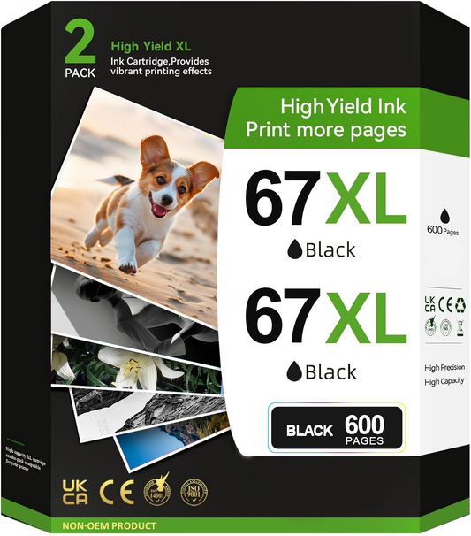 67XL Black Ink Cartridge for HP 67 Black Ink for HP Deskjet 2700 2700e 2752 2752e 2755 2755e Envy 6000 6055 6055e 6058 Envy Pro 6455 6458 Printer (Black, 2-Pack)